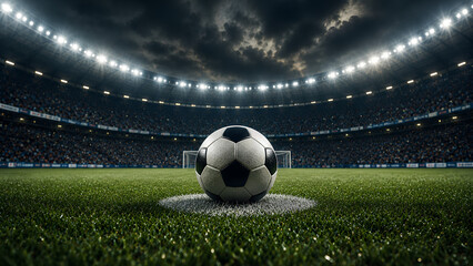 Hyper-realistic studio-style shot of a shining golden soccer ball on a stadium pitch. Premium quality image perfect for championship awards, luxury sports branding, and advertising. © Crazy Monday Studio