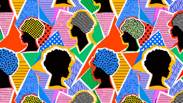 Colorful vector illustration featuring multiple profile head shapes with patterned fills and geometric backgrounds african inspired abstract arrangement art artistic background bold