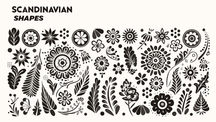 Black floral ornament collection on a white background featuring stylized botanical and geometric shapes flower pattern illustration scandinavian design foliage motif © Kapil