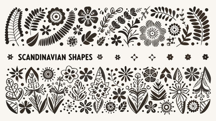 Black floral ornament with scandinavian shapes on a light beige background featuring repeating botanical motifs foliage leaves flowers blossoms plantlife decorative © Kapil