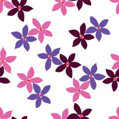 Vintage seamless floral pattern. Liberty style background of small mauve and lilac flowers. Small flowers scattered over a white background. Stock vector for printing on surfaces. Realistic flowers.  © YULIA