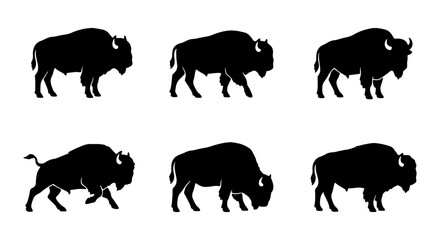 Bison Silhouettes Set, American Buffalo Vector Icons, Wild Animal Graphics © Maisha