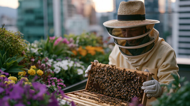 Urban rooftop beehive apiarist inspects honeycomb frames in full veil and gloves, city skyline visible beyond parapet wall, flowering planters attracting bees, midsummer haze over downtown district,
