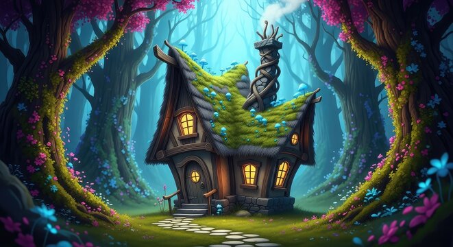 A crooked, enchanted cottage with a spiraling chimney sits nestled in a mystical forest, featuring glowing windows and a thatched roof, mystical, lanterns, whimsical