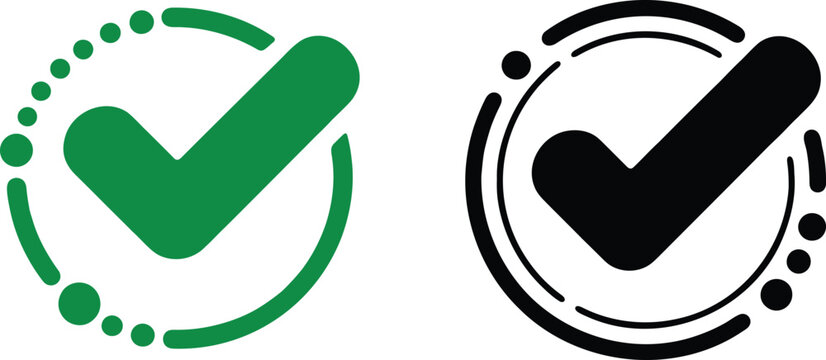 Green and black checkmark circular frames with dotted and dashed lines, flat tick symbol