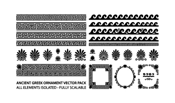 Monochrome Greek meander and wave ornament pack with classical vector borders
