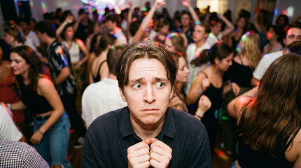 Fototapeta premium Young man looking concerned or surprised at a crowded party | Social Anxiety | Introvert