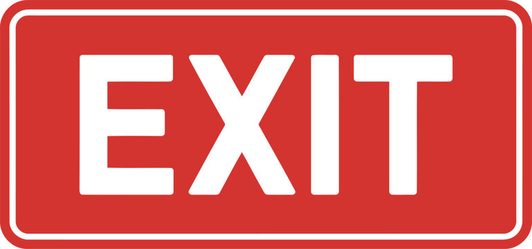 Rectangular red exit sign with white bold text and a white border isolated on a plain white background, for safety