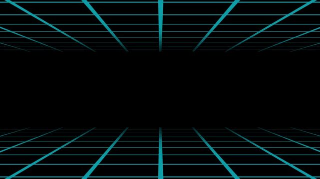 3D grid looping animation on black background, abstract futuristic retrowave poster design.