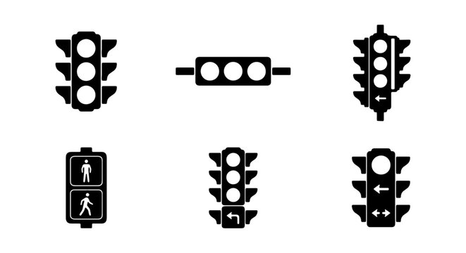 Traffic Light Icons Set, Signal Controls, Road Safety Symbols, Vector Graphics