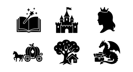 Fairy Tale Icons: Magic Book, Castle, Princess, Carriage, Dragon, Story Elements © KALA