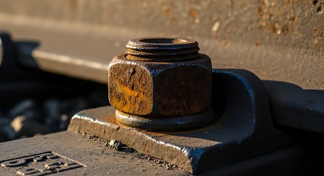 Rusty railroad bolt securing heavy steel track with granular ballast