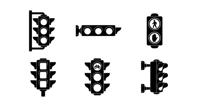 Traffic Signal Icons Set: Stoplight, Pedestrian Crossing, Road Control Vector Graphics