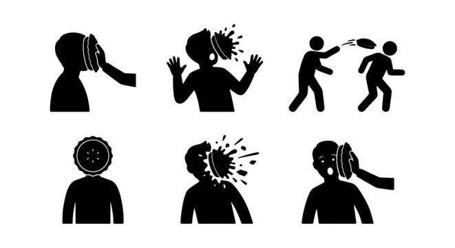 Pie Throwing Silhouettes, Funny Prank Icons, Comedy Action Figures, Playful Gestures