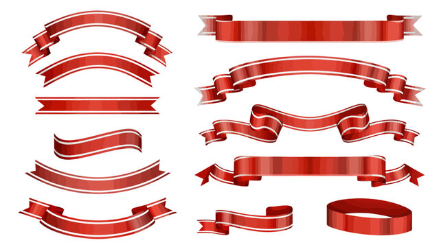 Set of decorative red ribbon banners and scrolls in various shapes for design elements and text headers with decoration illustration celebration template copy space background straight