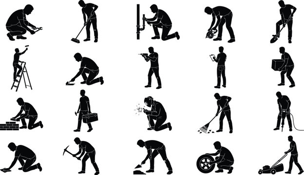 Construction worker and handyman black silhouette vectors set with male builders in motion isolated on white background