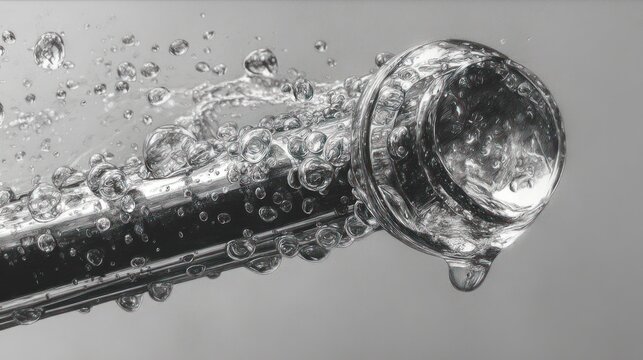 Close up of water droplets splashing on a metal pipe against a gray backdrop