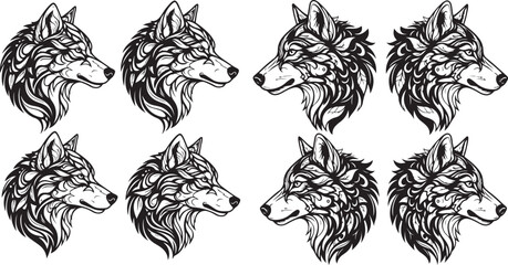 Obraz premium Four stylized black and white wolf heads in profile rendered with intricate ornamental and tribal patterns creating a powerful graphic illustration suitable for tattoo designs or emblems stylized