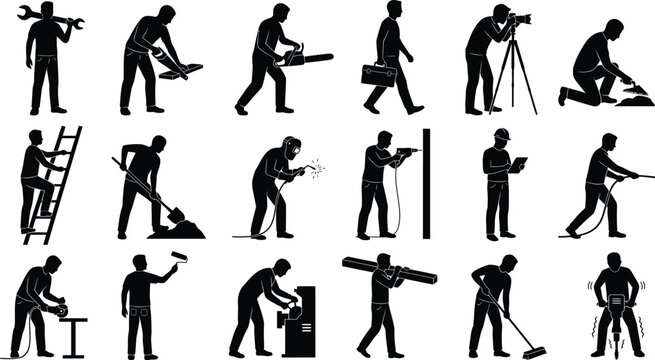 Set of handyman worker silhouettes professional contractor icons repairing with building tools vector isolated on white background