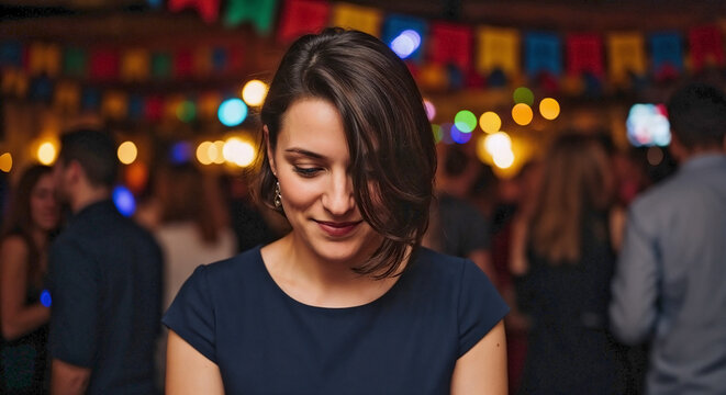 Shy woman at party in dim room with colorful string lights illuminating blurred crowd. Young shy woman at party stands quietly, appearing thoughtful amidst vibrant social gathering.