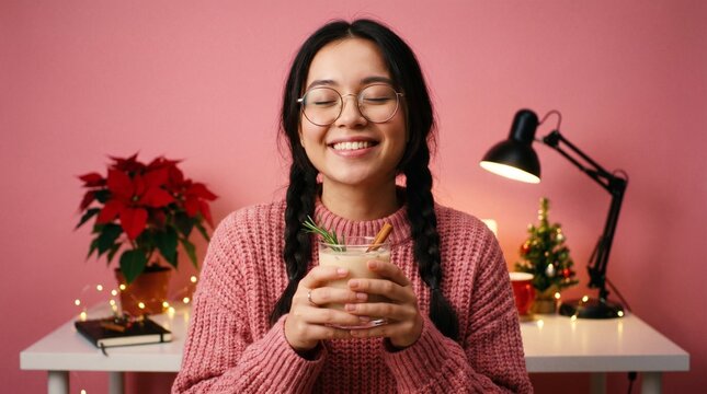 Young Asian woman in pink sweater and glasses smiling with cup of hot chocolate in hands at desk with Christmas decorations and string lights on pink background in cozy indoor setting