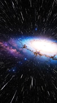 Hyper-speed warp effect with central glowing galaxy.