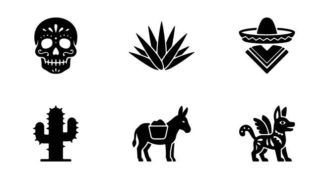 Mexican Culture Icons: Sugar Skull, Agave, Sombrero, Cactus, Donkey, Chupacabra