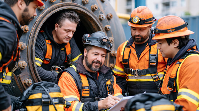 Confined space permit coordinator conducts a pre-entry toolbox talk with a four-person crew beside a steel vessel manway opening, laminated atmospheric testing results visible, personal escape sets 
