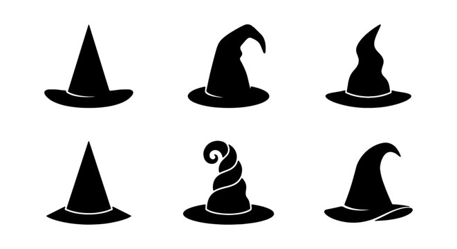 Witch Hats Collection, Magical Headwear Silhouettes, Spooky Halloween Icons, Fantasy Costume Elements