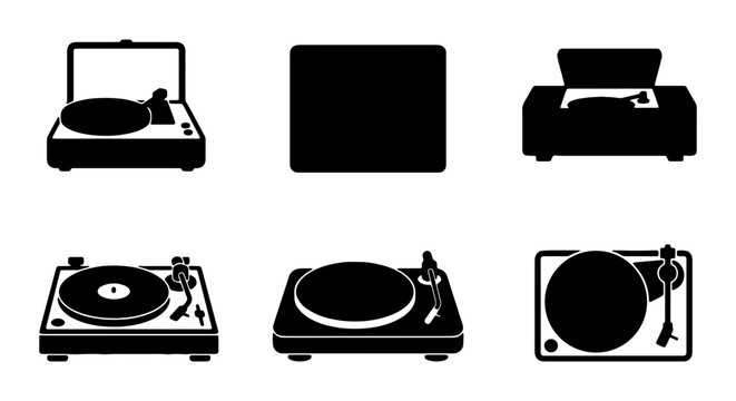 Turntable Icons Set, Vinyl Record Player Silhouettes, Retro Audio Equipment Graphics