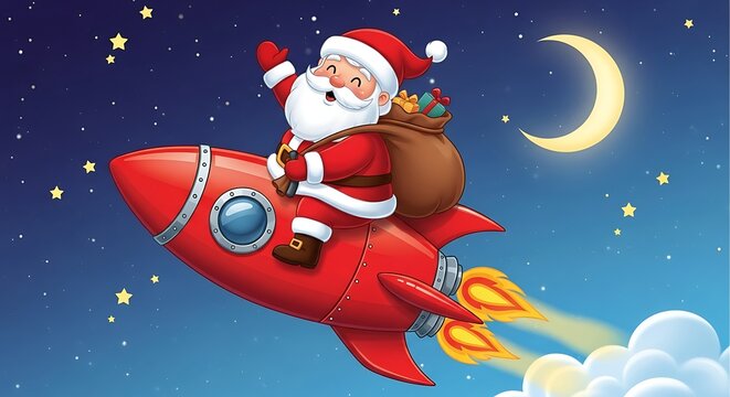 Santa Claus rides a red rocket through a starry night sky with a crescent moon