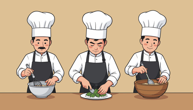 Three Chefs Preparing Dishes in Kitchen Scene