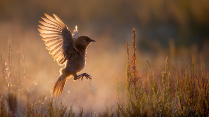 Fototapeta premium genuineness. A young bird attempting its first flight with awkward wing movements in soft morning light. wildlife magazines, conservation campaigns, designed for wildlife conservation campaigns.