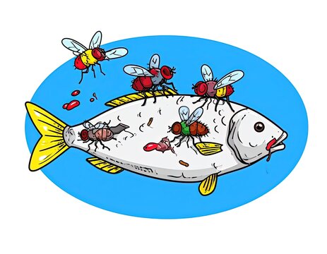 Fish infested with many flies buzzing.