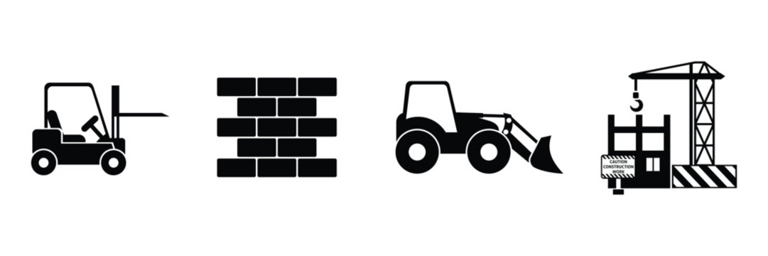 Heavy Construction Equipment Icon Set Vector with Excavator, Loader, Backhoe, Skid Steer, Truck, and Machinery Silhouettes in Flat and Outline Styles