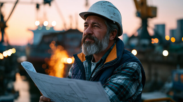 Weathered shipyard foreman in hard hat reviews structural blueprints beside a half-assembled cargo vessel hull at dusk, welder sparks cascading in the background, dry dock flooded below, industrial 
