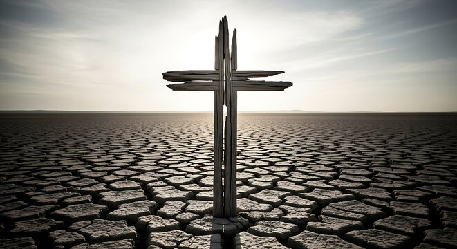 Rustic wooden cross stands starkly in cracked, arid desert earth at sunset