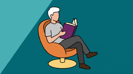 Fototapeta premium Man reading a book in an armchair, flat vector illustration