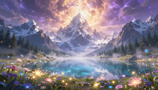 Magischer Bergsee unter kosmischem Nebel und Sternenpracht