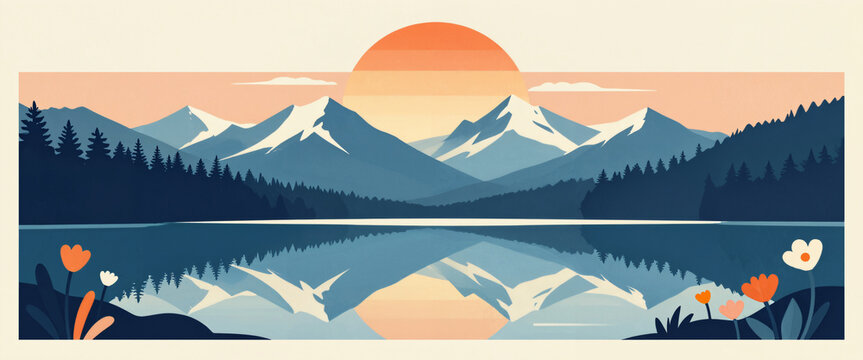 Flaches Design Landschaft Bergsee mit gro&szlig;er Sonne Illustration