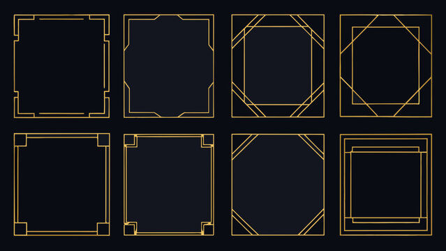Art deco gold frames on a black background showcase geometric designs and linear ornamentation golden gold colored design rectangular shapes borders vector