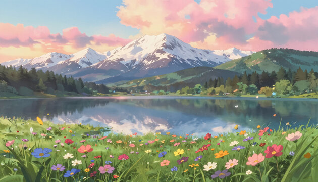 Bergsee im Anime Stil bei Abendd&auml;mmerung