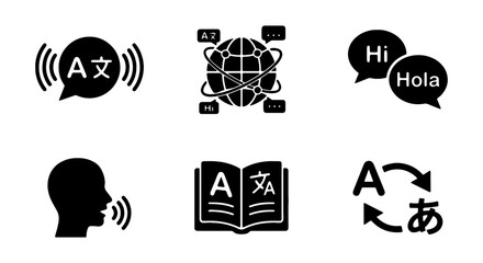 Language Translation Icons Set, Global Communication Symbols, Multilingual Speech Bubbles, Dictionary and Voice Translation © ROSE