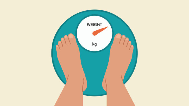 Feet standing on a weight scale measuring body mass in kilograms