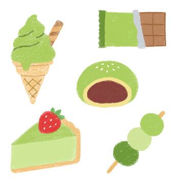 set of matca ice cream, macha chocolate, maca cheesecake, matcha mochiand satay PNG set