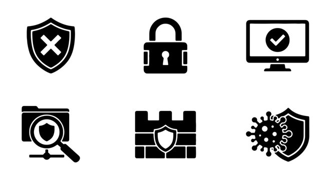 Cyber Security Icons: Shield, Lock, Firewall, Virus Protection, Network Scan, Computer Checkmark