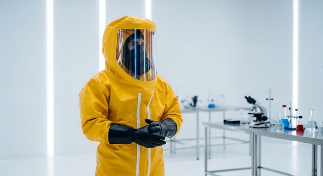 Scientist in yellow hazmat suit stands in sterile lab with equipment