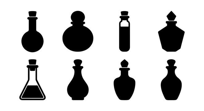 Alchemy Potion Bottles Vector Icons, Vintage Glass Vials Set, Retro Elixir Containers Collection