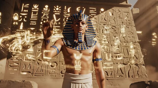 Ancient Egyptian Pharaoh Standing Before Hieroglyphic Wall in Sunlight.