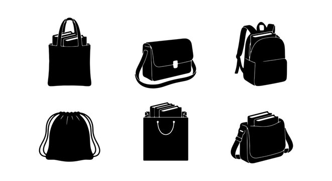 Black Vector Icons: Tote Bags, Messenger Bags, Backpacks, Drawstring Pouches, Shopping Bags